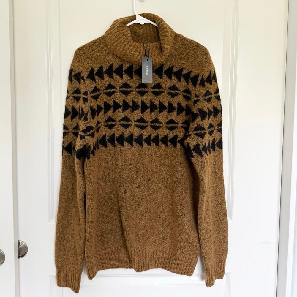 NWT Express Fair Isle Geometric Print Turtleneck Sweater Brown Black Medium